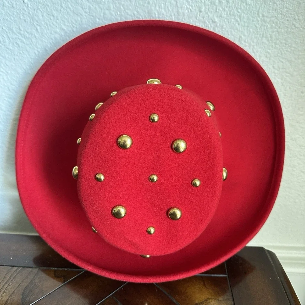 VTG Betmar NY Red Wool Hat 22 Inch Small Gold Stud Fedora Wide Brim USA LiteFelt